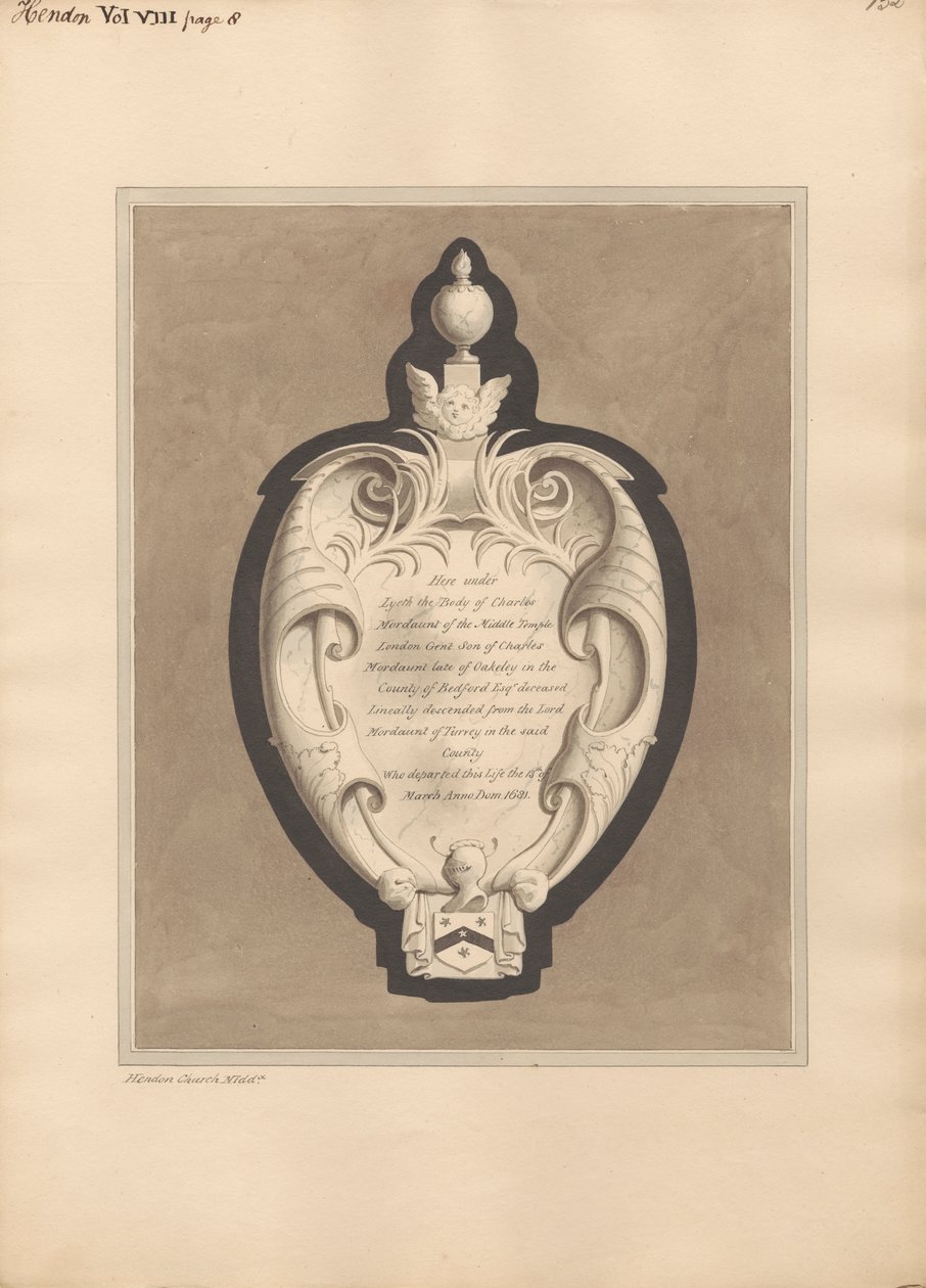 Gedenkteken voor Charles Mordaunt van Hendon Church door Daniel Lysons