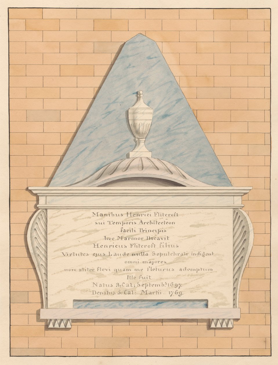 Gedenkteken voor Henry Flitcroft van Teddington Church door Daniel Lysons
