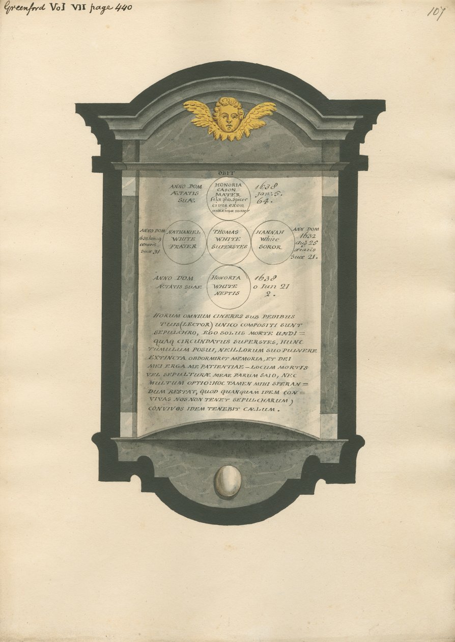 Gedenkteken voor Honoria Cason, Nathaniel, Thomas, Hannah en Honoria White uit de kerk van Greenford door Daniel Lysons