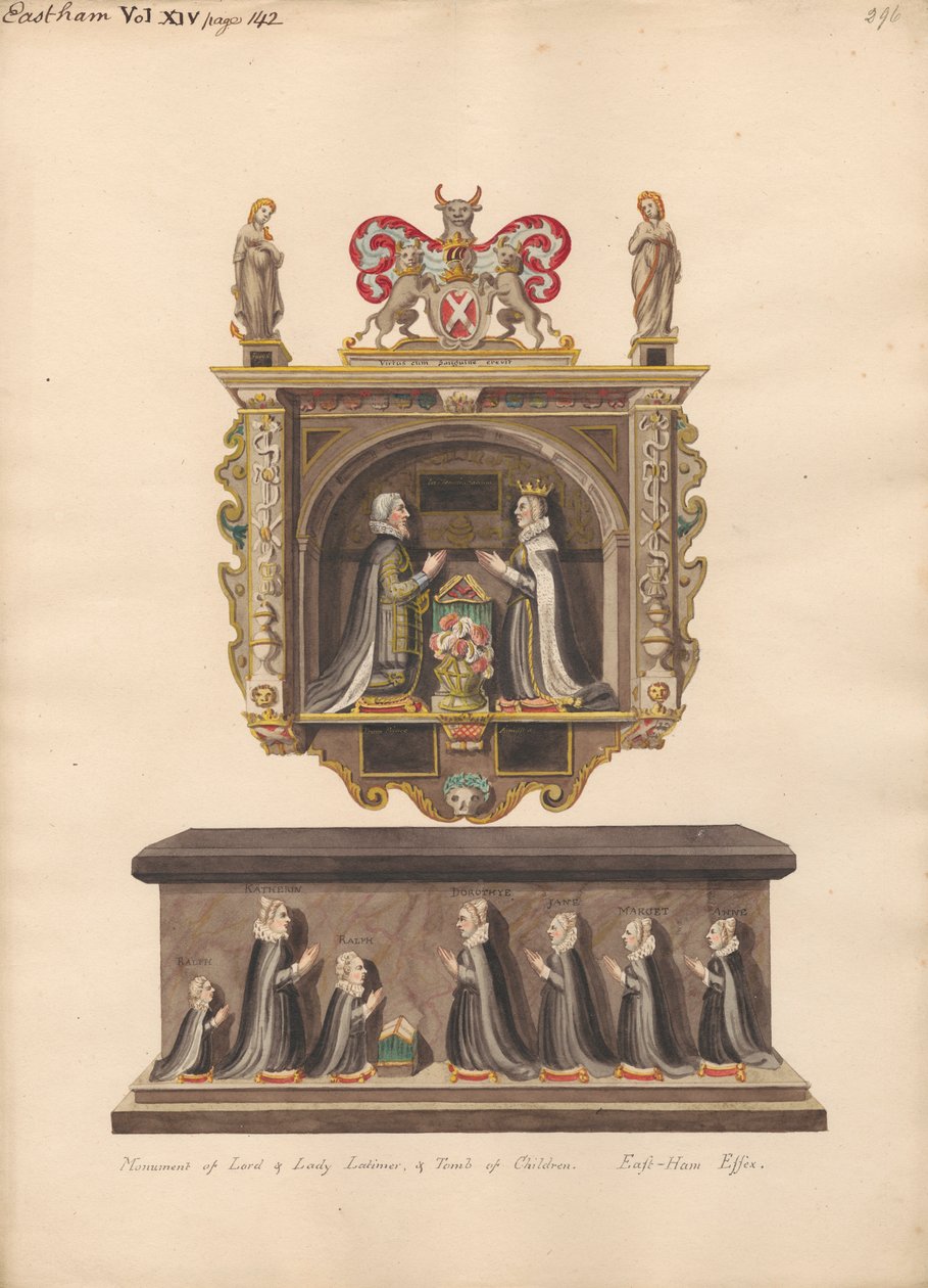 Gedenkteken voor Lord en Lady Latimer en Graf van de kinderen Ralph, Katherin, Ralph, Dorothye, Jane, Margaret en Anne uit East Ham Kerk door Daniel Lysons