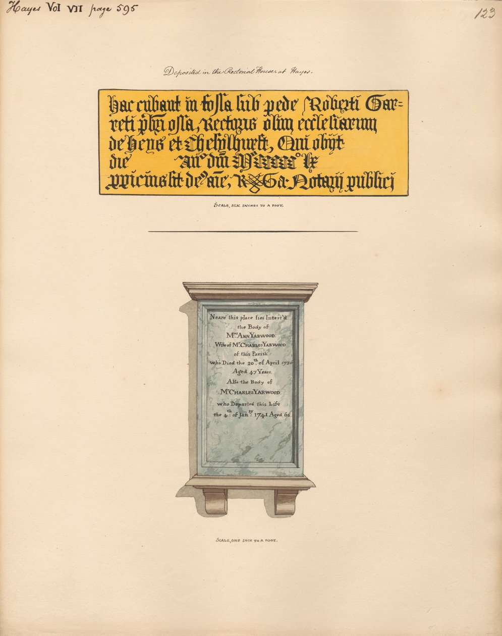 Gedenkteken voor de heer Charles en mevrouw Anne Yarwood van Hayes Church door Daniel Lysons