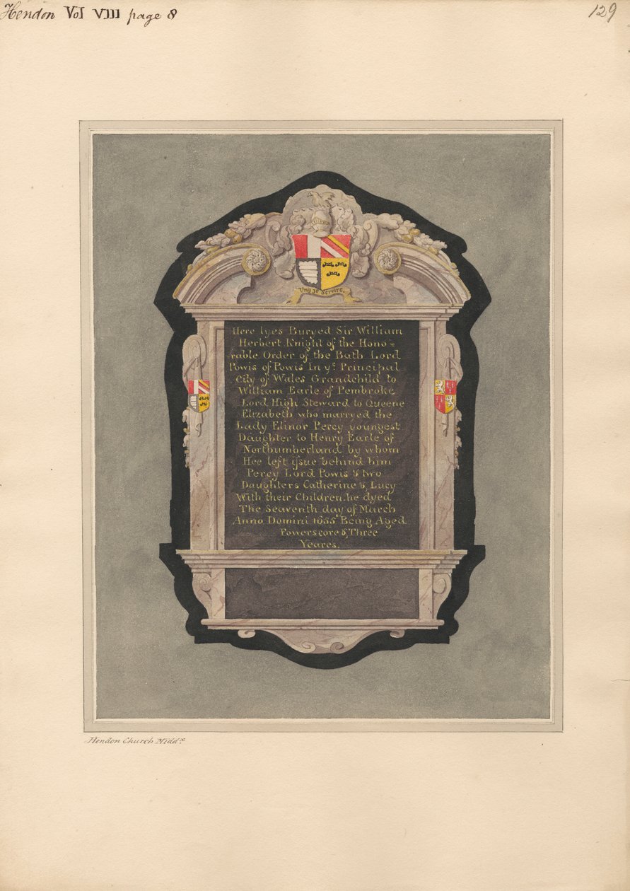 Gedenkteken voor Sir William Herbert uit Hendon Church door Daniel Lysons