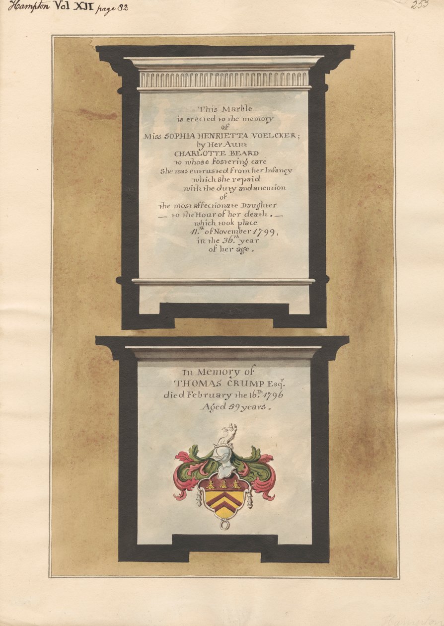 Gedenktekens voor Miss Sophia Henrietta Voelcker en Thomas Crump uit Hampton Church door Daniel Lysons