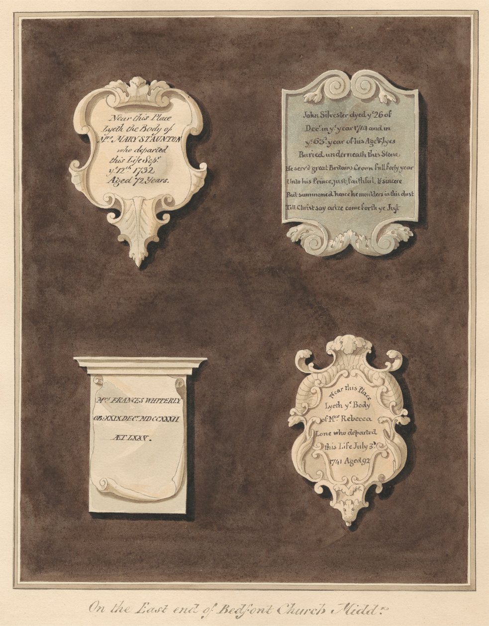 Gedenktekens voor Mevrouw Mary Staunton, John Silvester, Mevrouw Frances Whiterly en Mevrouw Rebecca Lone uit Bedfont Church door Daniel Lysons