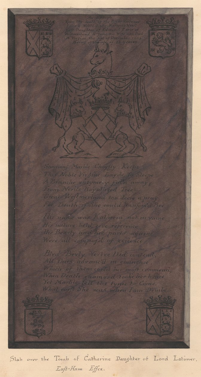 Grafsteen van Catherine, dochter van Lord Latimer, uit East Ham Church door Daniel Lysons