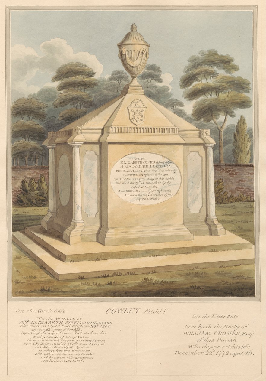 Graf van mevrouw Elizabeth Stafford Hilliard, Elizabeth Grosier, Gregory Grosier en William Grosier door Daniel Lysons