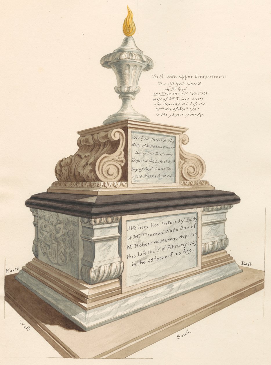 Graf van de familie Watts, uit de West Ham kerk door Daniel Lysons