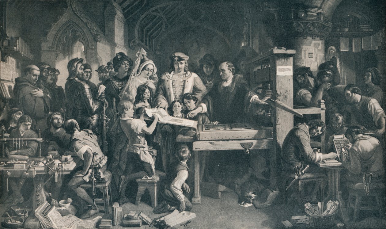 Caxton toont het eerste exemplaar van zijn drukwerk aan Koning Edward IV, ca. 1858, 1911 door Daniel Maclise