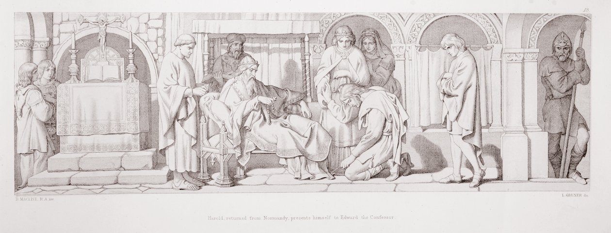 Harold, teruggekeerd uit Normandië, presenteert zich aan Edward de Belijder, uit 