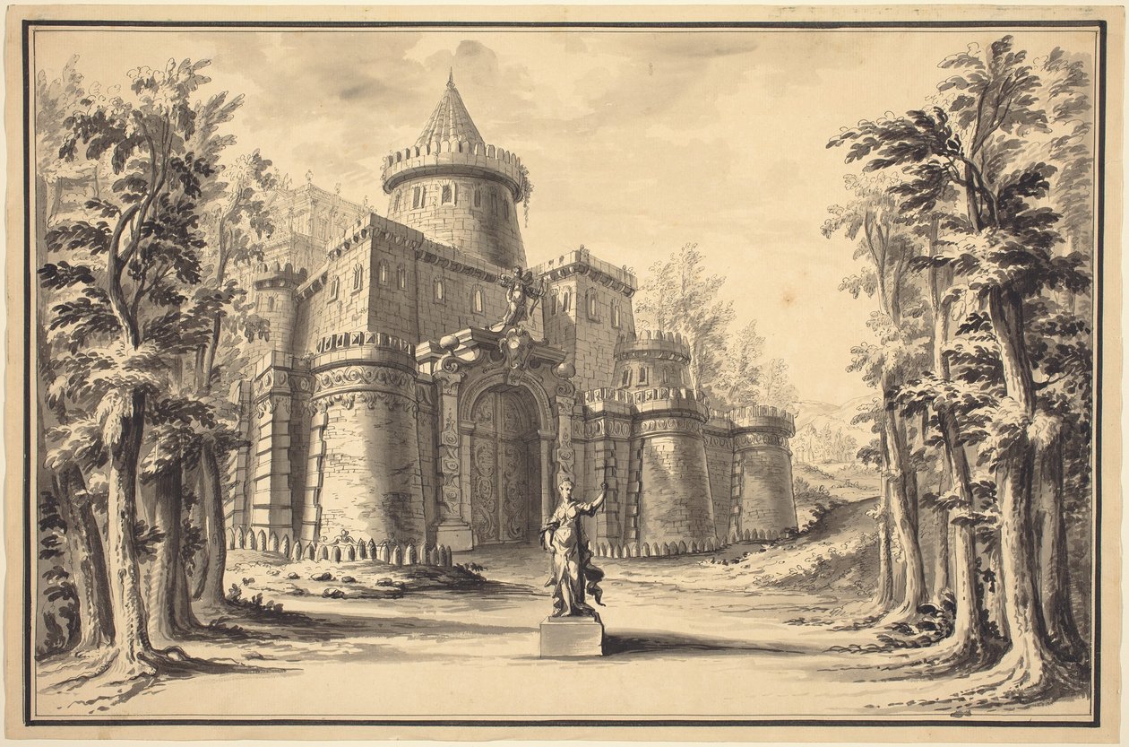 Een Toneelset met een Standbeeld en een Paleis door Daniel Marot the Younger