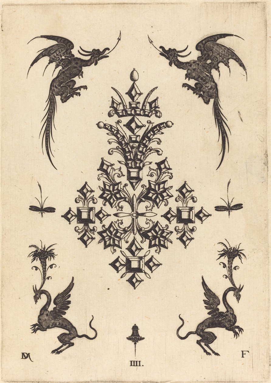 Broche met Tafelstenen, Gevleugelde Draken bovenaan, en Griffioenen onderaan door Daniel Mignot