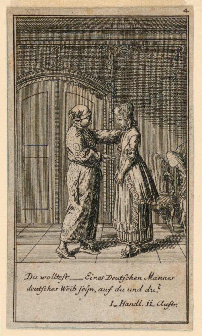 Een vader of voogd die met een meisje praat, illustratie van het toneelstuk "Nicht mehr als sachs Schuesseln" door Fredrich Wilhelm Grossman in "Königl: Grosbrit [anische] Genealogischer Kalender auf das 1782 Jahr Lauenberg bey J.G. Berenberg" door Daniel Nikolaus Chodowiecki