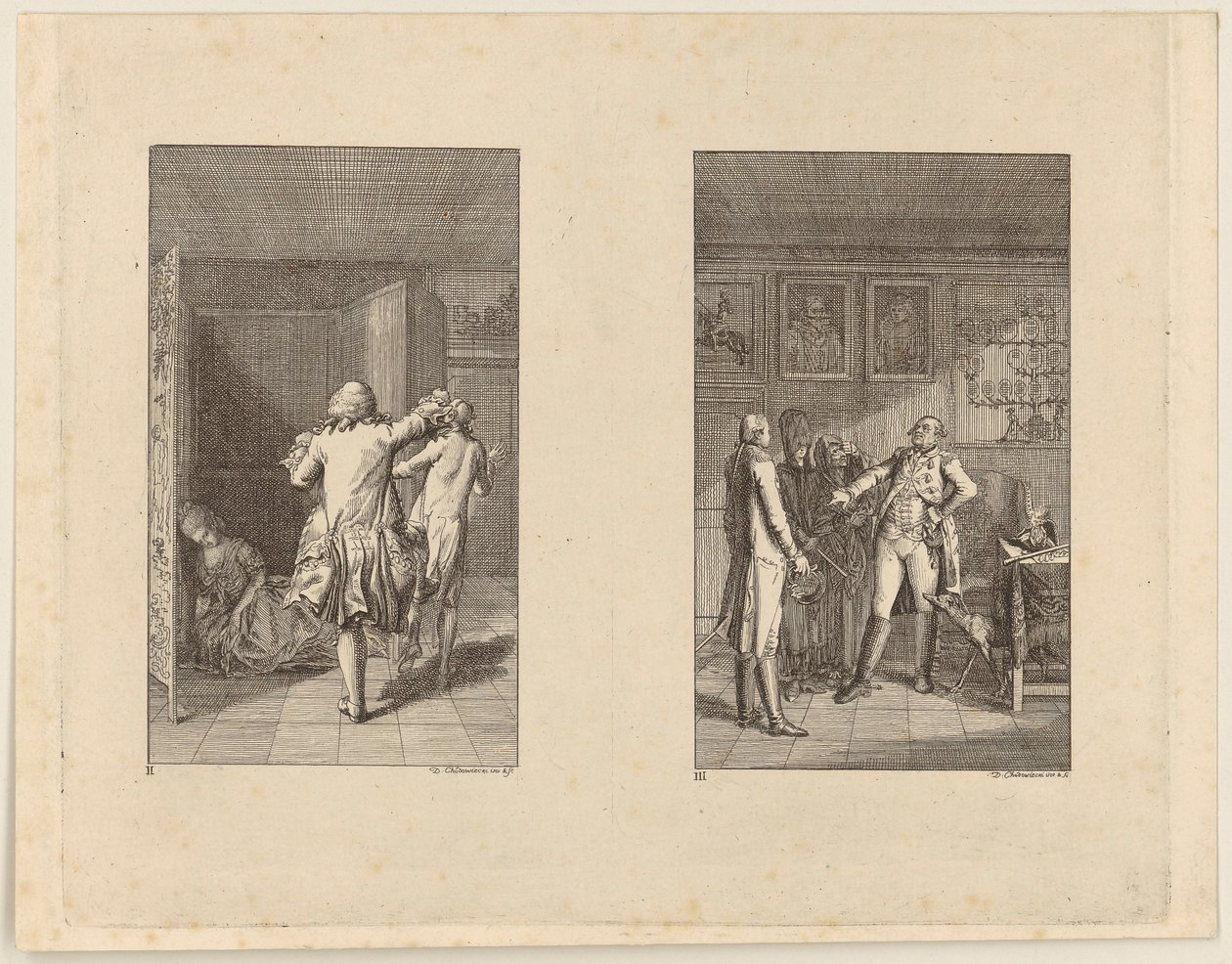 De baron jaagt Candide het kasteel uit [links]; Candide, Kunigunde en de oude vrouw voor de stadhouder van Buenos Aires [rechts] door Daniel Nikolaus Chodowiecki