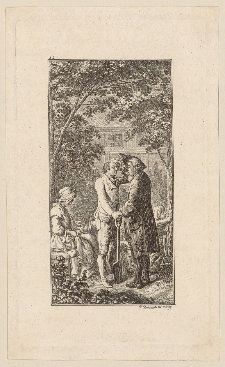 Bezoek van de schoolmeester van de heer von Lindenberg aan de zogenaamde ‘bruine man’ door Daniel Nikolaus Chodowiecki