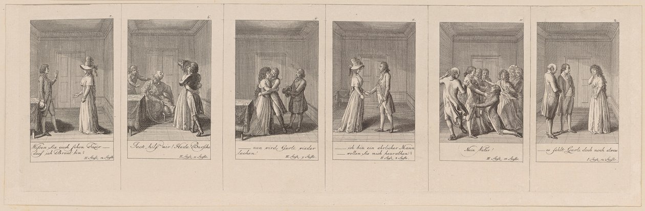 Blz. 7, 6, 9, 4, 11 en 2 van 12 uit „De Indianen in Engeland” van Kotzebue door Daniel Nikolaus Chodowiecki