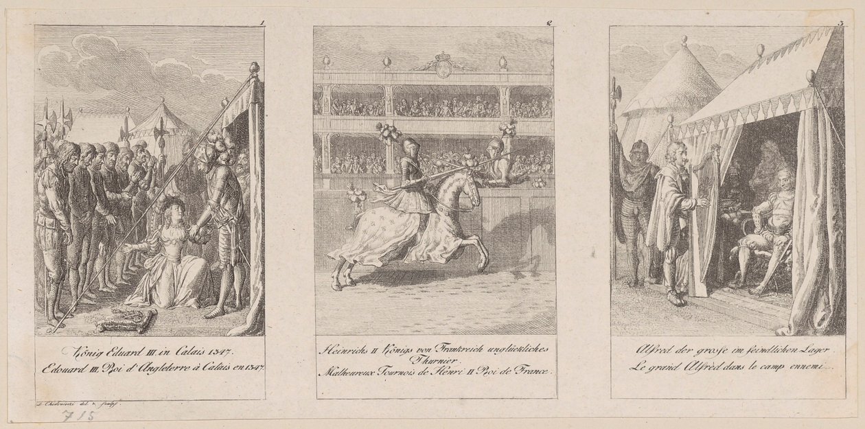 Blad 1-3 van de reeks „Geschiedenis van de Middeleeuwen“ door Daniel Nikolaus Chodowiecki
