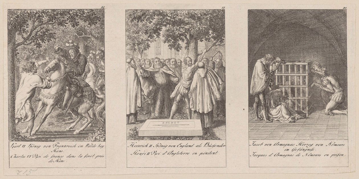 Bladen 10-12 uit de reeks "Geschiedenis van de Middeleeuwen" door Daniel Nikolaus Chodowiecki