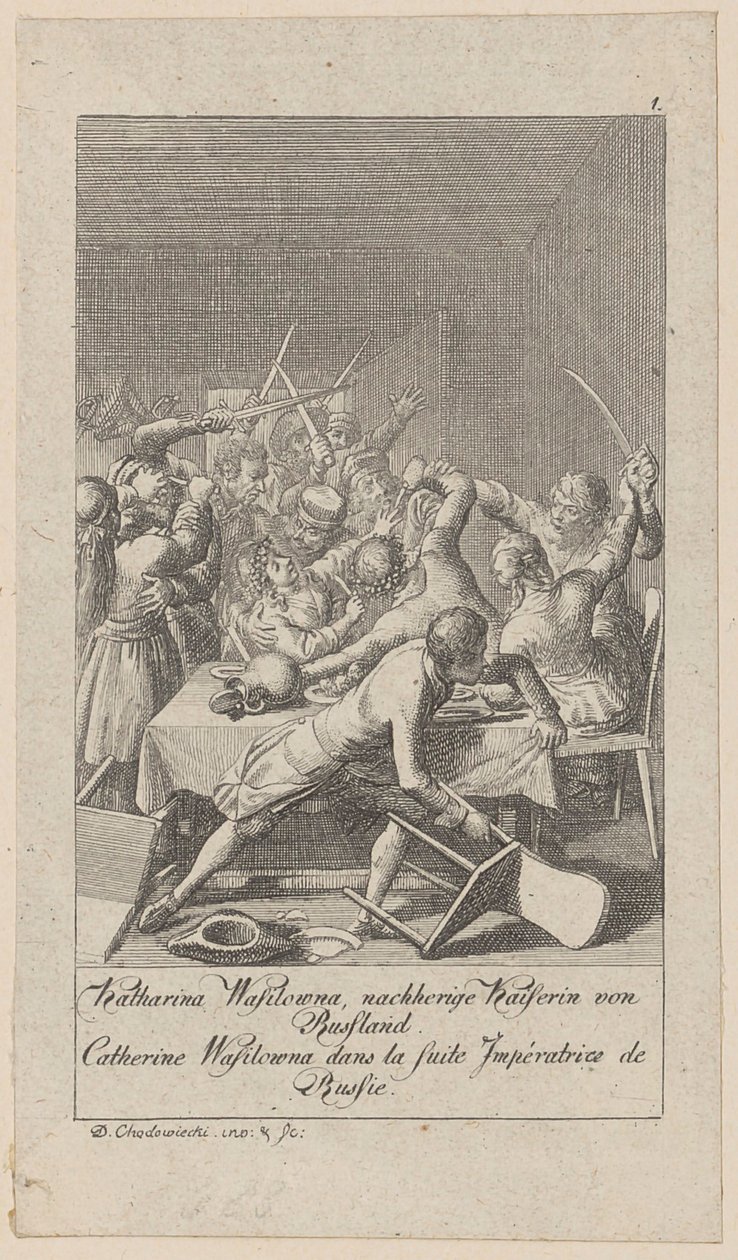Blad 1 uit de reeks "Middeleeuwse en moderne geschiedenis" door Daniel Nikolaus Chodowiecki
