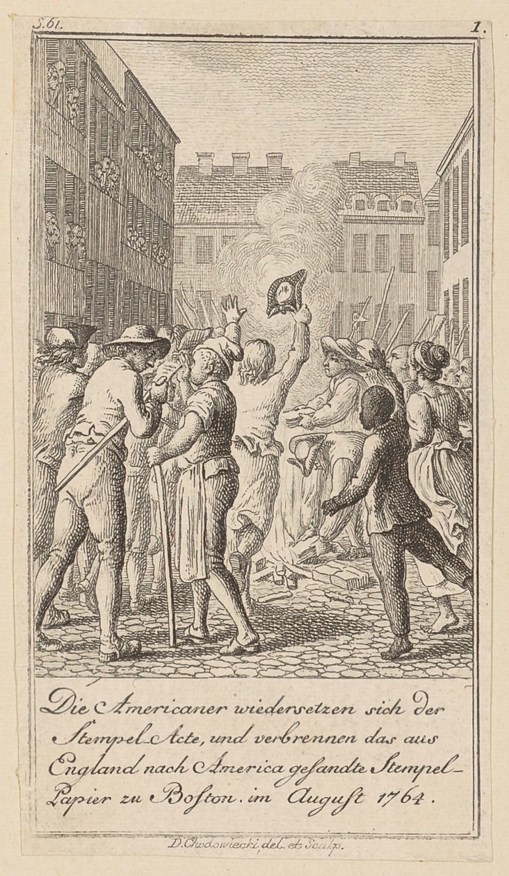 Blad 1 van de reeks bij het essay „De geschiedenis van de revolutie van Noord-Amerika“, van M. C. Sprengel. door Daniel Nikolaus Chodowiecki
