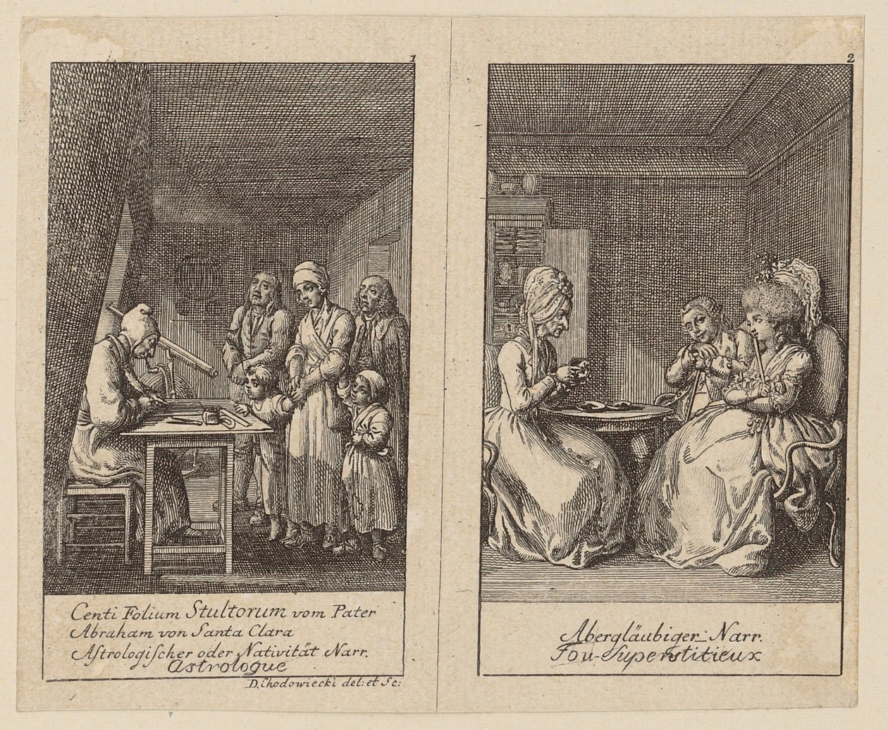 Blad 1 en 2 van het *Centifolium Stultorum*, *Narreheiten* door Daniel Nikolaus Chodowiecki