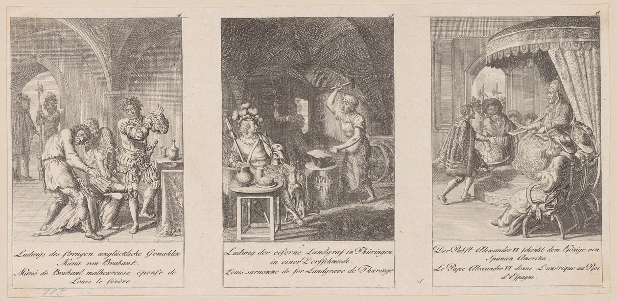 Bladen 4-6 uit de serie „Geschiedenis van de Middeleeuwen” door Daniel Nikolaus Chodowiecki