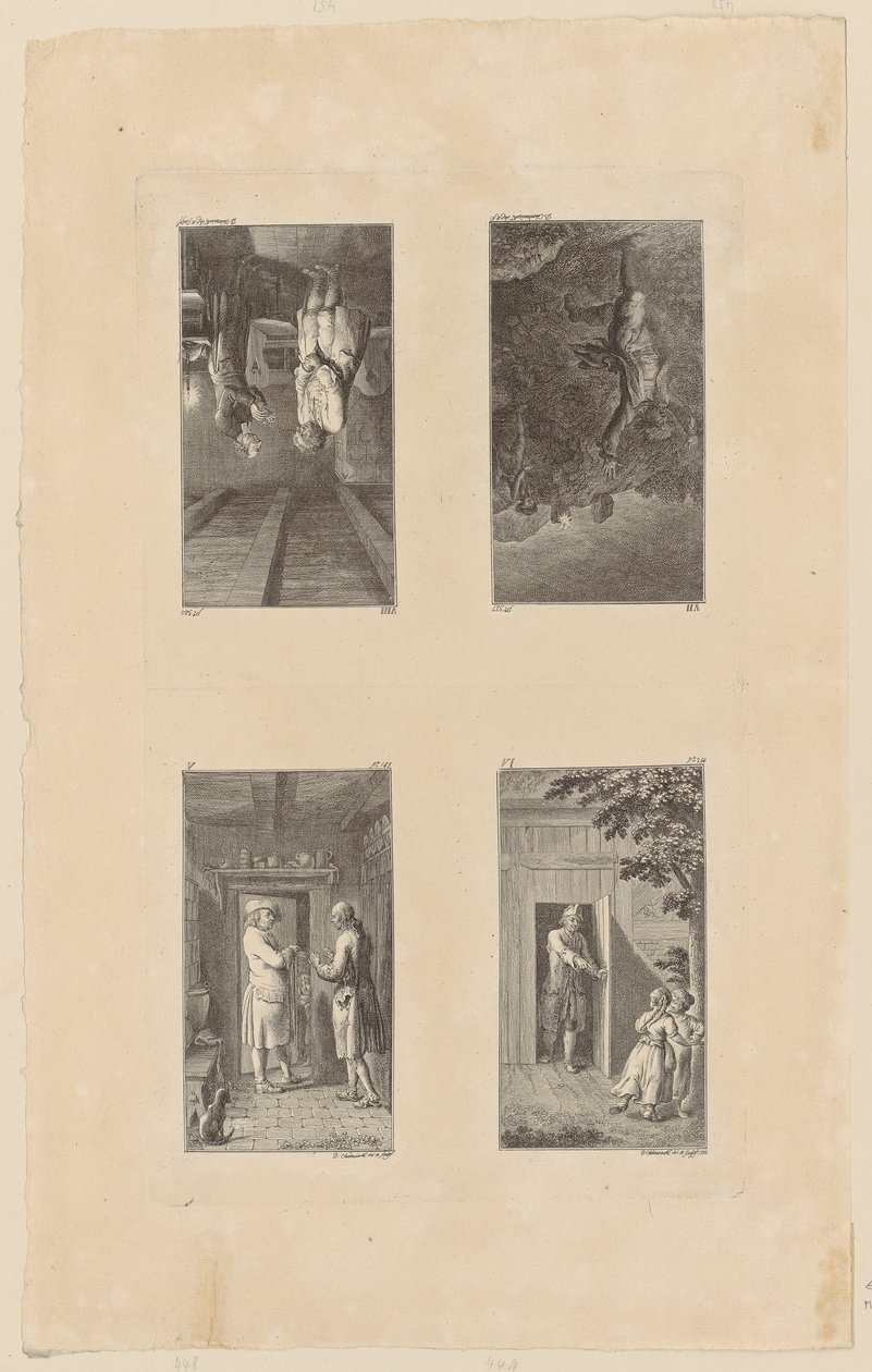 Blad 5-8 bij Pestalozzi’s „Lienhard en Gertrud“ door Daniel Nikolaus Chodowiecki