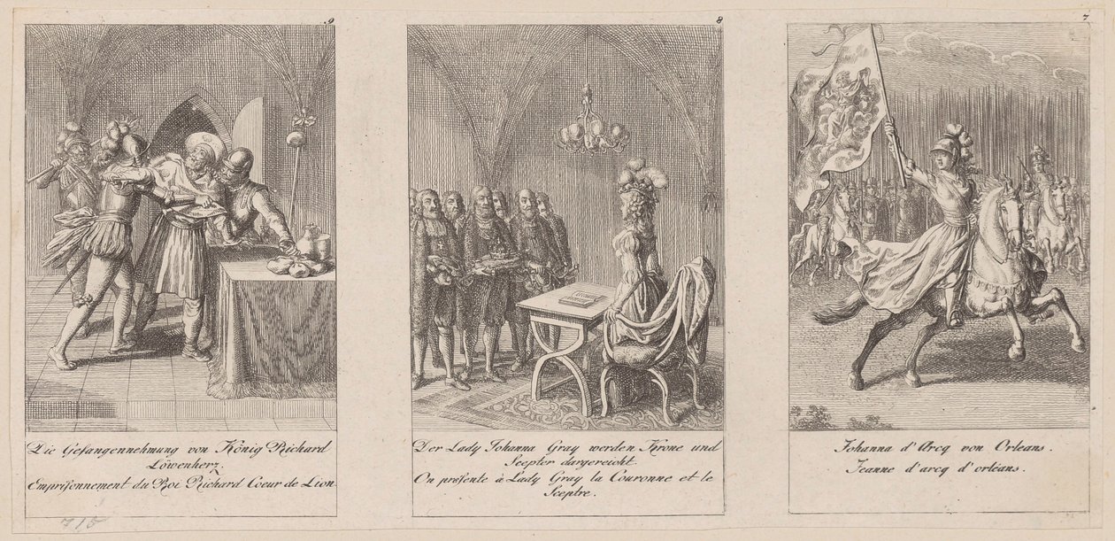Pagina 7-9 van de aflevering „Geschiedenis van de middeleeuwen“ door Daniel Nikolaus Chodowiecki