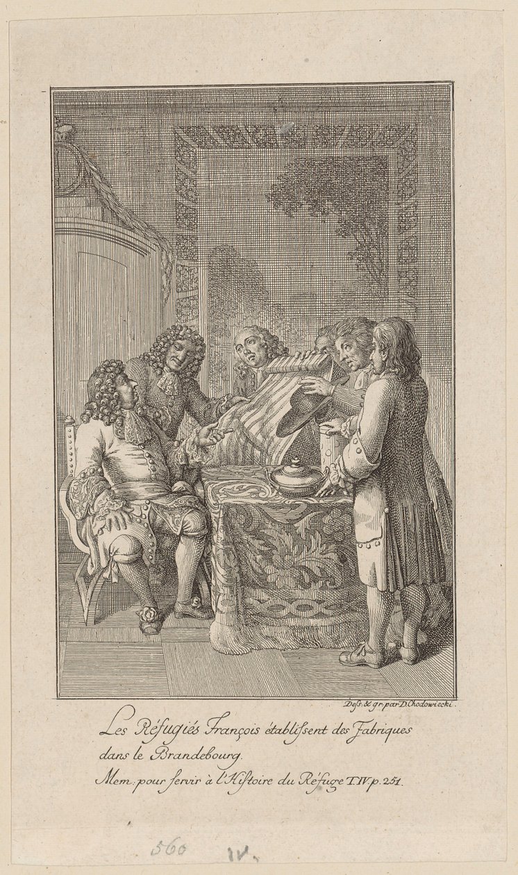 Blad uit de „Mémoires [...] des réfugiés”, vierde deel door Daniel Nikolaus Chodowiecki