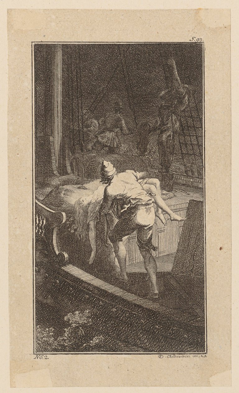 Bunkel draagt Miss Melmoth vanuit de overstroomde kajuit naar het dek, blad 2 uit "Leven, opmerkingen en meningen van Johann Bunkel" door Daniel Nikolaus Chodowiecki
