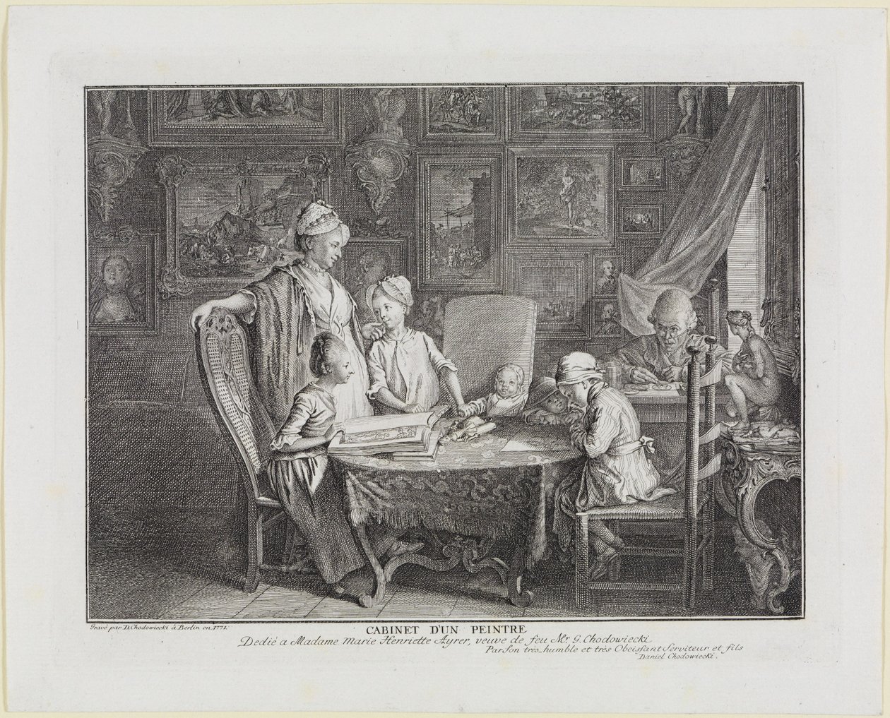 Kabinet van een schilder. Het familieblad van de kunstenaar. door Daniel Nikolaus Chodowiecki