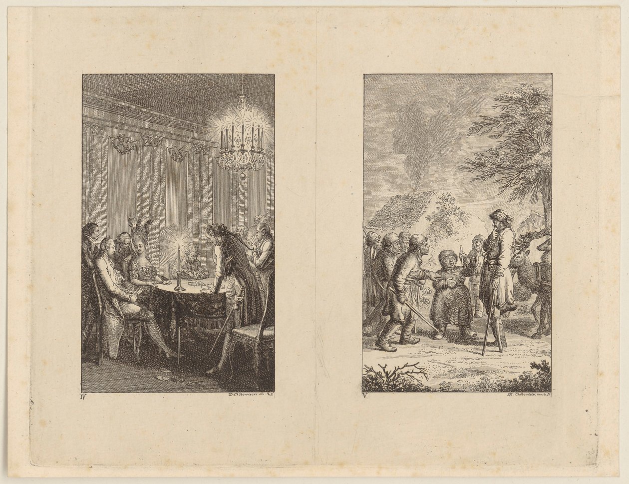 Candide bij een actrice [links]; Candide in Noorwegen [rechts] door Daniel Nikolaus Chodowiecki