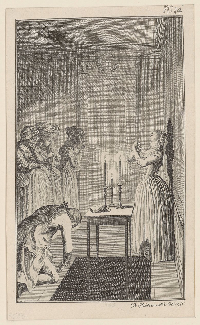 Clarisse dreigt zichzelf met een mes te steken om zich tegen de schande van Lovelace te beschermen door Daniel Nikolaus Chodowiecki