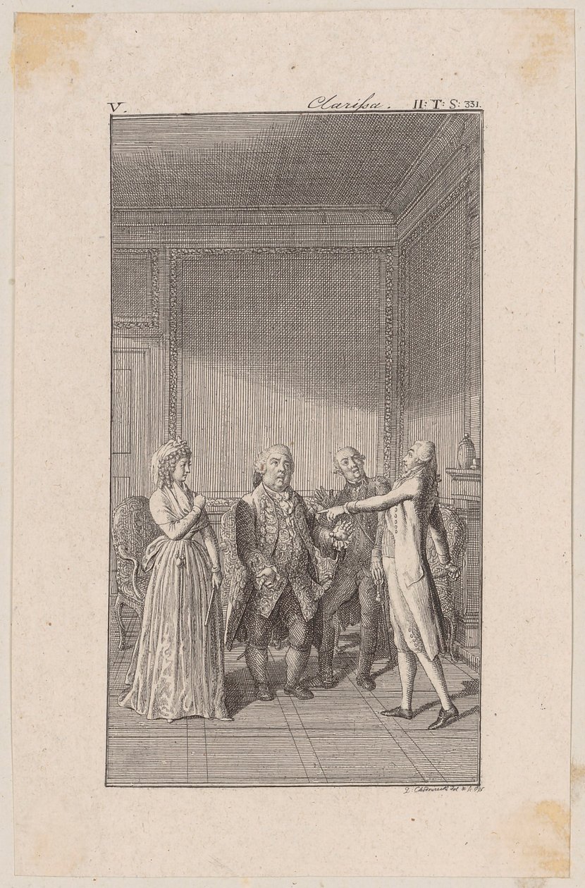 Clarisse, haar oom Anton, haar broer Jacob en Solmes in een gesprek door Daniel Nikolaus Chodowiecki