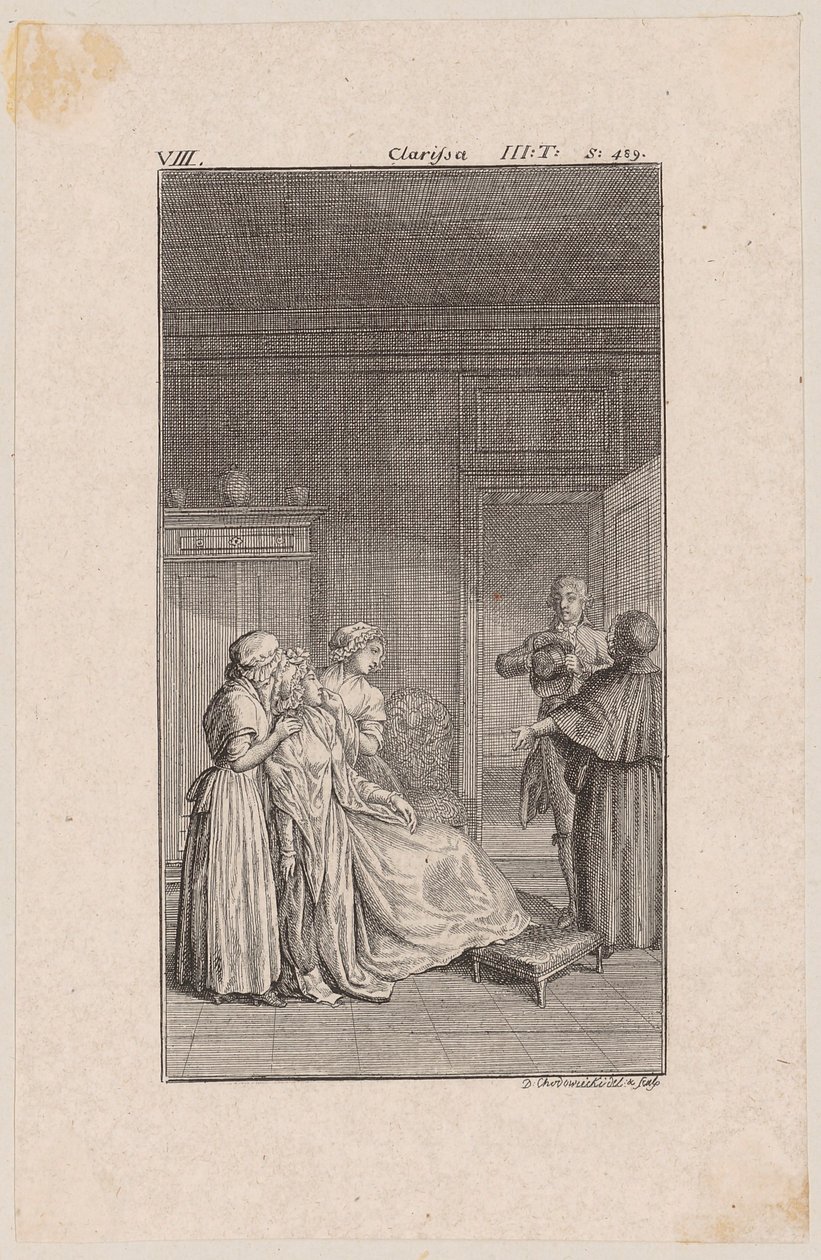 Clarisse in het huis van de weduwe Sorlings door Daniel Nikolaus Chodowiecki