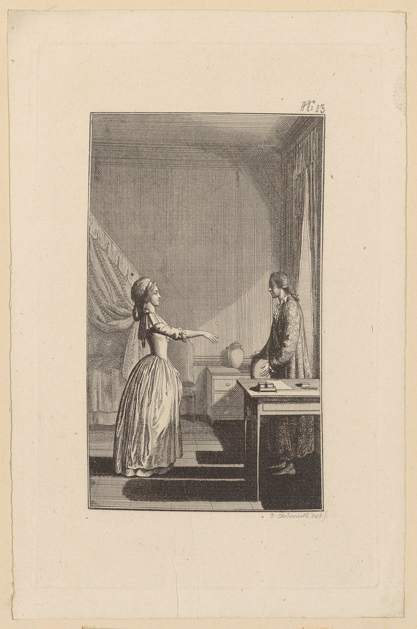 Clarisse verwijt Lovelace dat hij haar weerloos heeft gemaakt, haar eer heeft aangetast en haar alle rust en deugdzaamheid heeft ontnomen door Daniel Nikolaus Chodowiecki