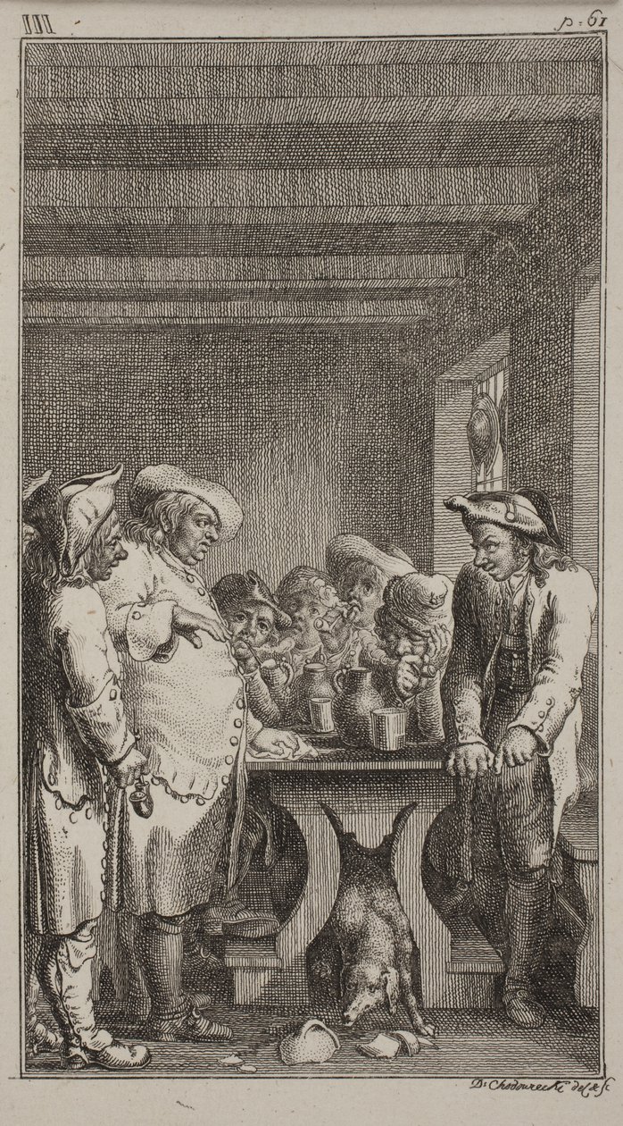 De hond van de scheerder likt het gekleurde water uit een gebroken vat onder de tafel, waar 4 boeren zitten en 3 staan, die tabak roken en drinken. ob. III, p. 61. door Daniel Nikolaus Chodowiecki