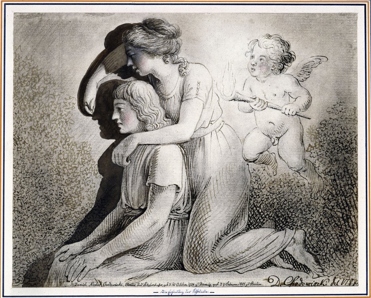 De uitvinding van de tekenkunst: een meisje tekent, aangemoedigd door Cupido, het silhouet van een jongeman die links voor haar zit, op de muur door Daniel Nikolaus Chodowiecki
