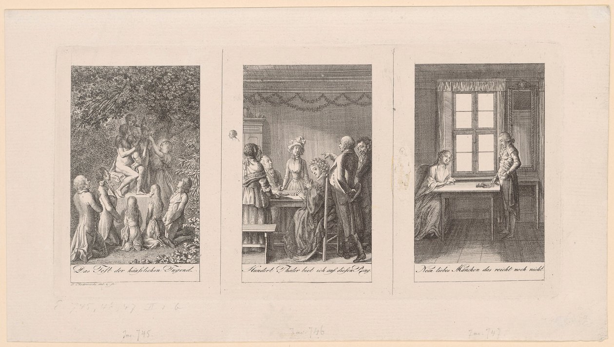 Drie bladen voor Ehrenbergs "Zakboekje [...] voor 1795" door Daniel Nikolaus Chodowiecki
