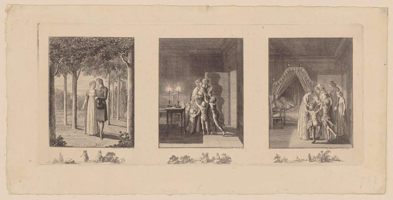 Drie bladzijden over het gedicht van Neuffer „De bruid, de echtgenote en de matrone“ door Daniel Nikolaus Chodowiecki