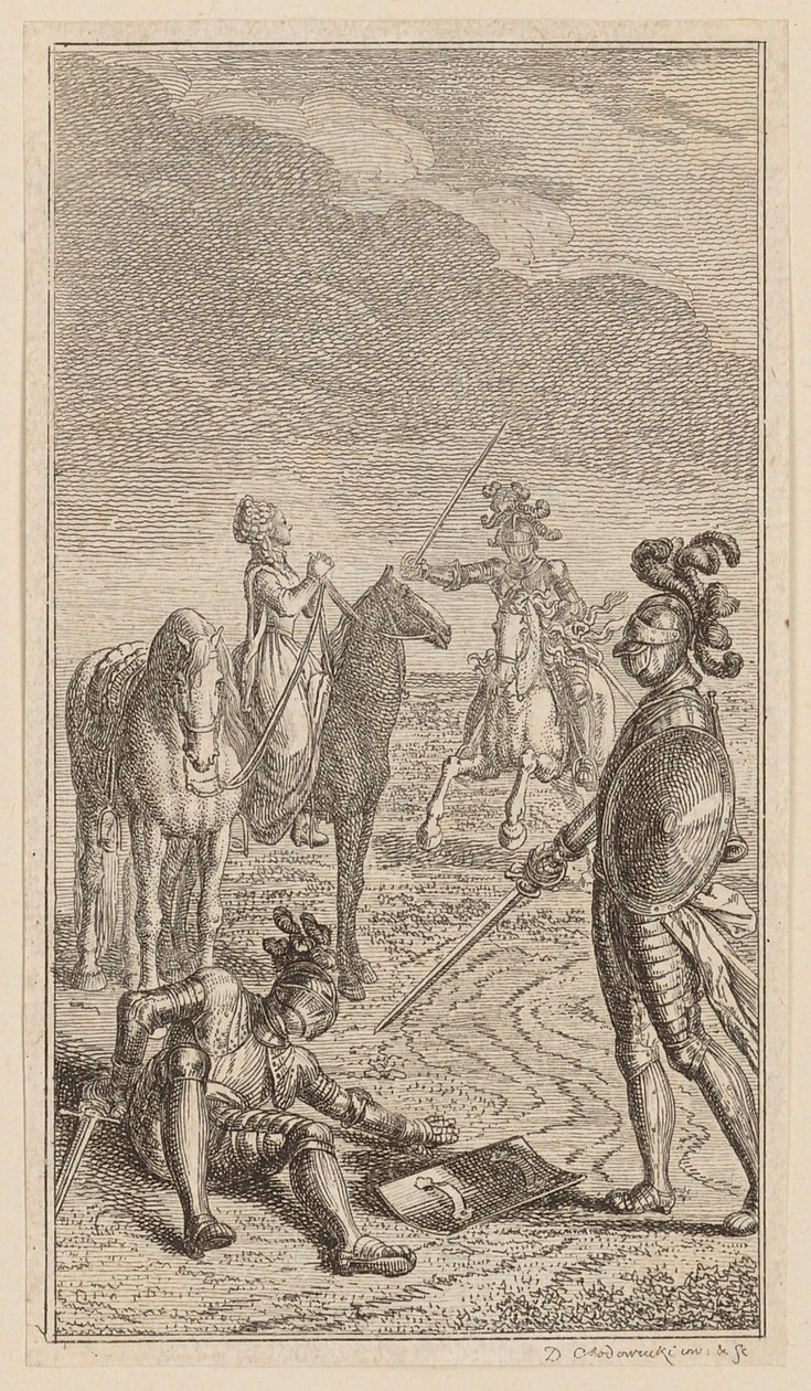 Ontvoering, of ridder Karl von Eichenhorst en juffrouw Gertrude von Hochburg, blad uit de eerste uitgave van "Gedichten van Gottfried August Bürger" door Daniel Nikolaus Chodowiecki