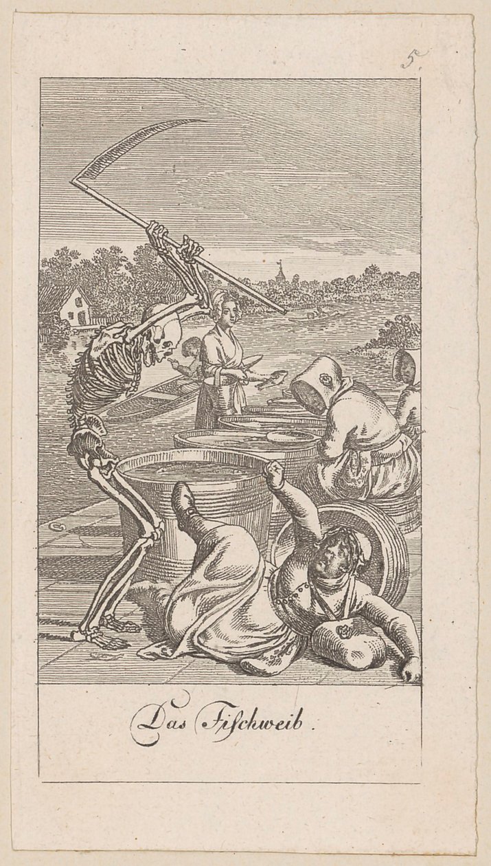 Visverkoopster, blad 5 uit de reeks "De dodendans" door Daniel Nikolaus Chodowiecki