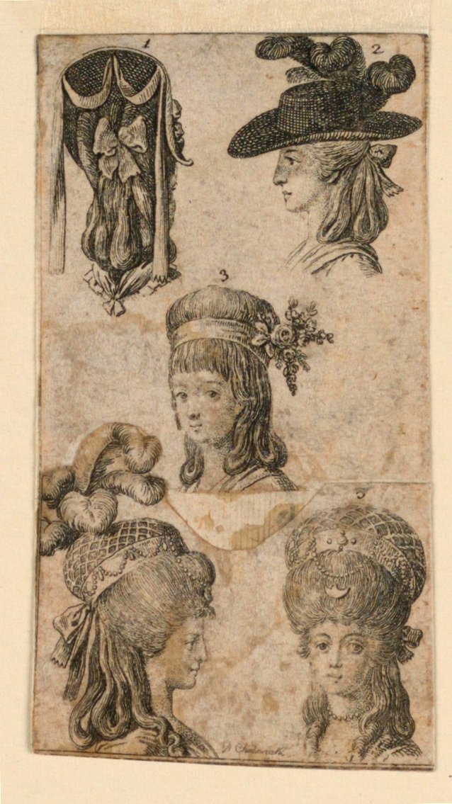 Vijf hoofddeksels voor vrouwen, twee fragmenten van illustraties voor "Königl: Grosbrit[anische] Genealogischer Kalender auf das 1781 Jahr Lauenberg bey J.G. Berenberg" door Daniel Nikolaus Chodowiecki