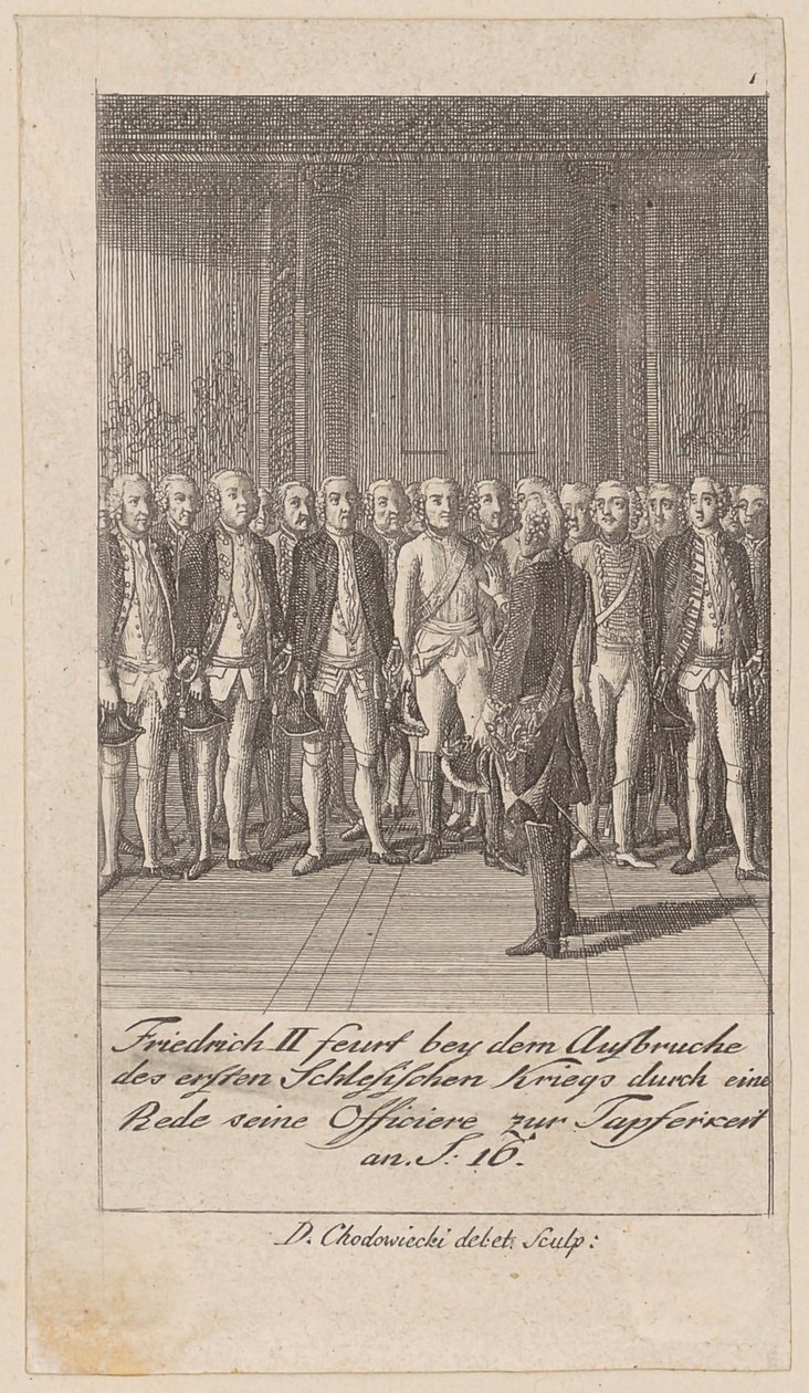 Frederik II spoort zijn officieren met een toespraak tot dapperheid aan bij het uitbreken van de eerste Silezische Oorlog door Daniel Nikolaus Chodowiecki