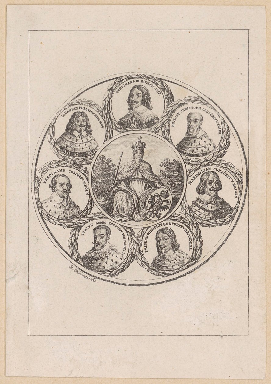 Germania met de portretten van keizer Ferdinand III en zes keurvorsten uit de tijd van de Dertigjarige Oorlog door Daniel Nikolaus Chodowiecki