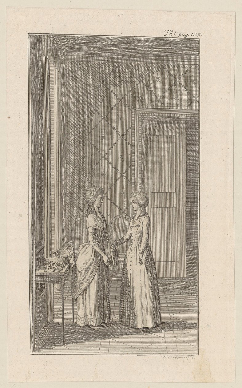 Hanne en Mariane in de komedie van Weisse „De afgunst berooft zichzelf van zijn brood“ door Daniel Nikolaus Chodowiecki