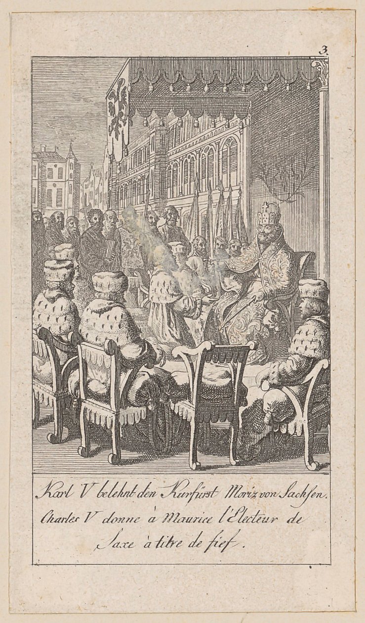 Karel V beleent keurvorst Maurits van Saksen, blad 3 uit de reeks „Oude, middeleeuwse en moderne geschiedenis“ door Daniel Nikolaus Chodowiecki