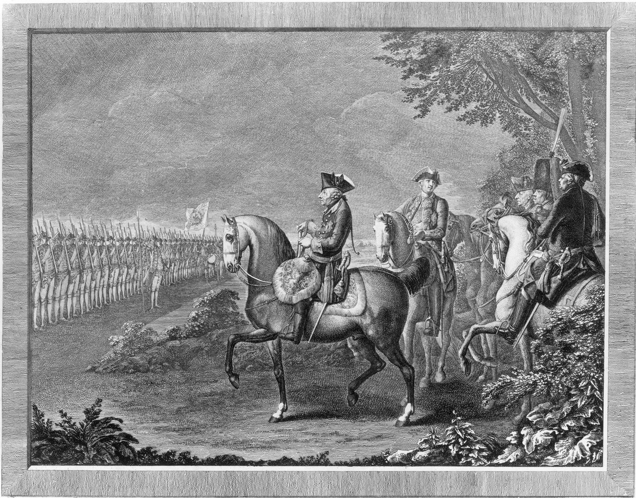 Koning Frederik II. Wachtparade in Potsdam door Daniel Nikolaus Chodowiecki