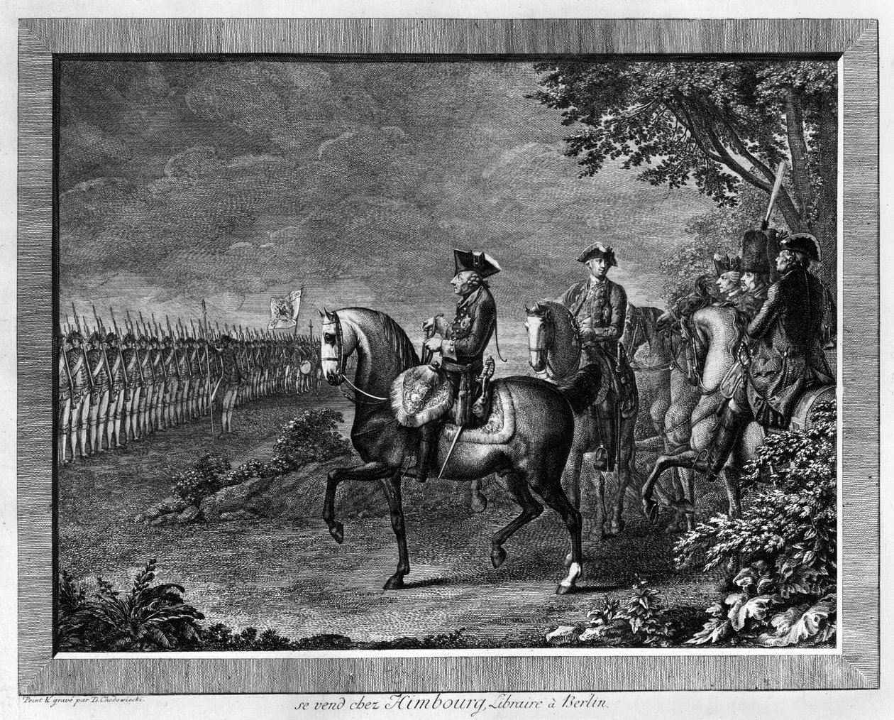 Wachtparade van koning Frederik II in Potsdam door Daniel Nikolaus Chodowiecki