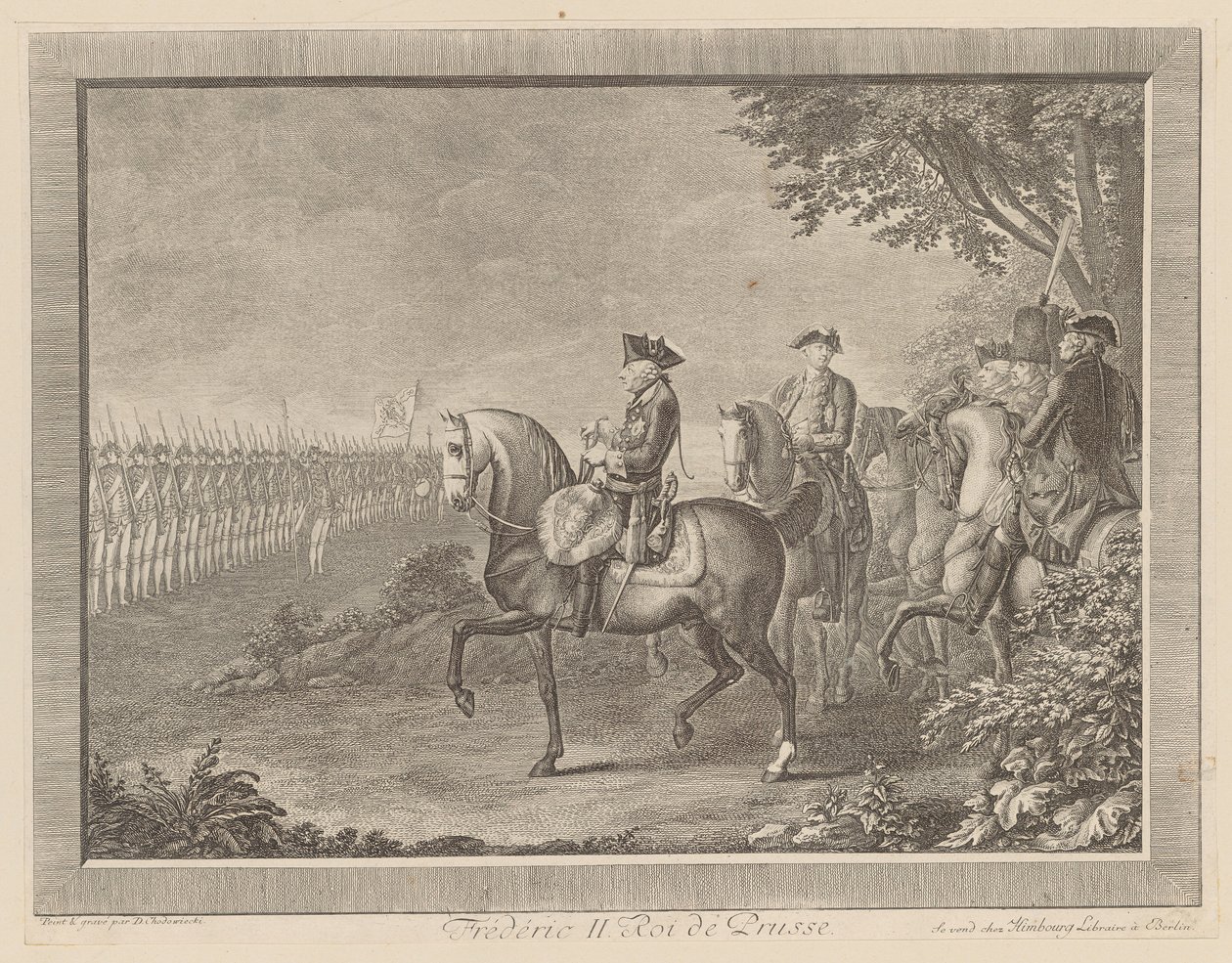 Koning Frederik II van Pruisen, wachtparade in Potsdam door Daniel Nikolaus Chodowiecki