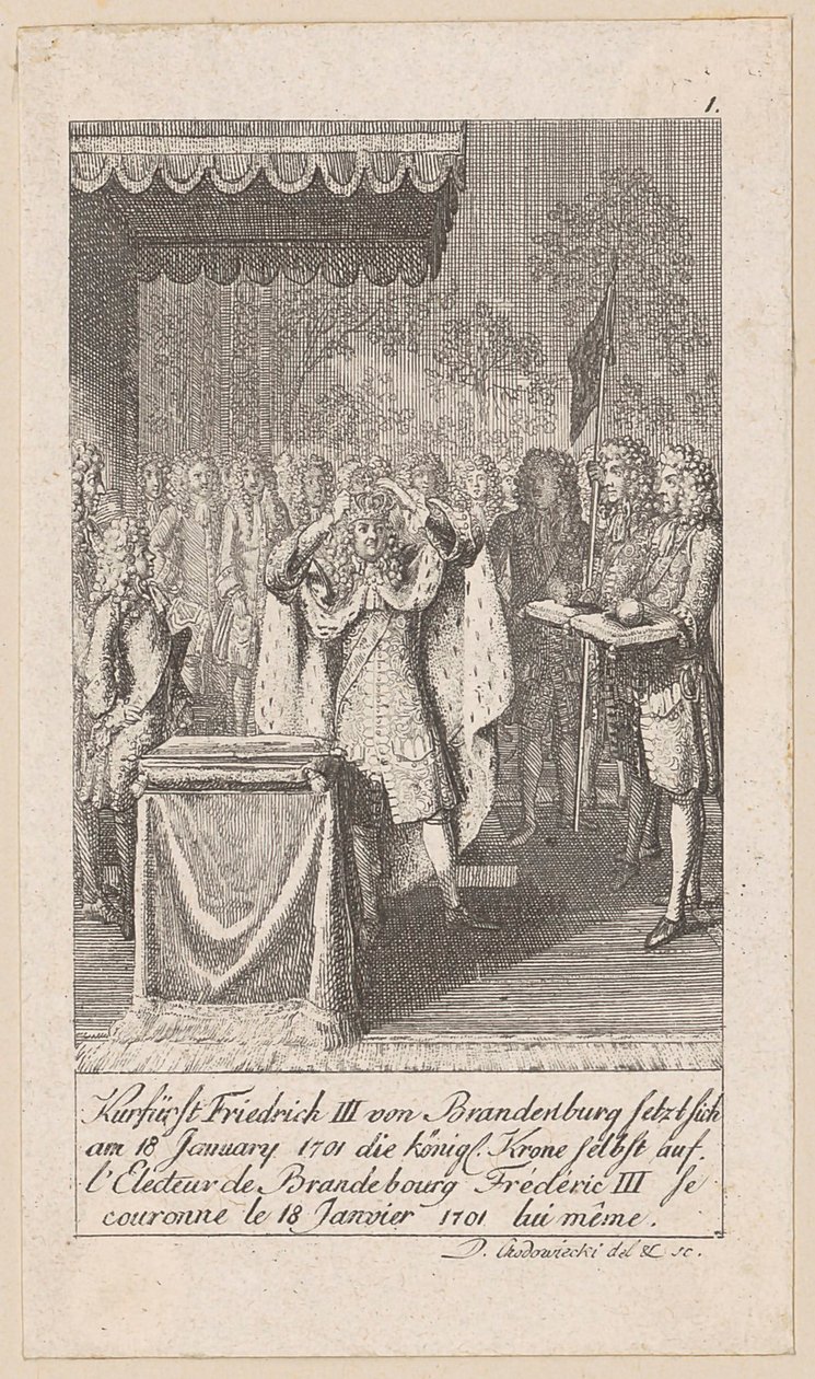 Keurvorst Frederik III van Brandenburg kroont zichzelf, plaat 1 uit de reeks "Oudere, middeleeuwse en nieuwere geschiedenis" door Daniel Nikolaus Chodowiecki